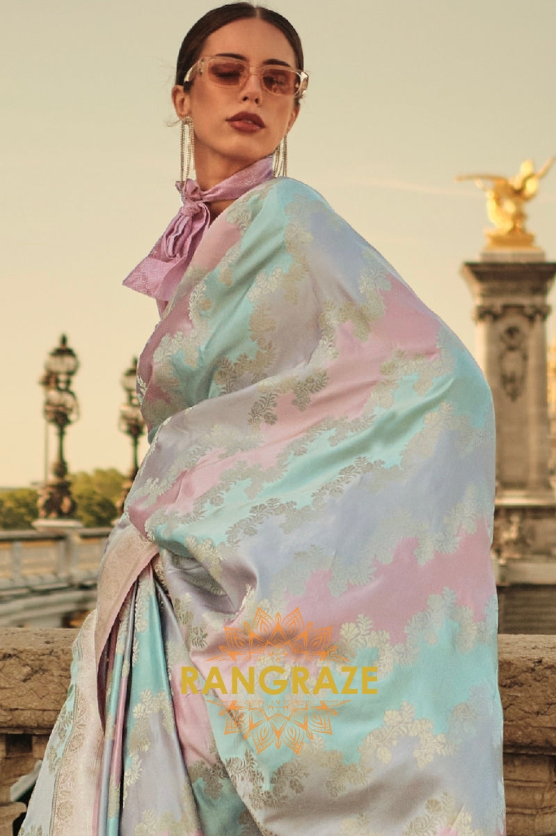 Imperial Pink Blue Rangkat Satin Handloom Weaving Silk Banarasi Saree