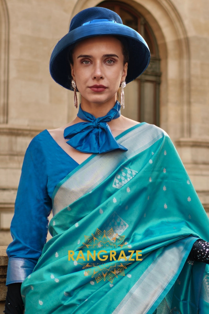 Azure Blue Woven Banarasi Soft Silk Saree
