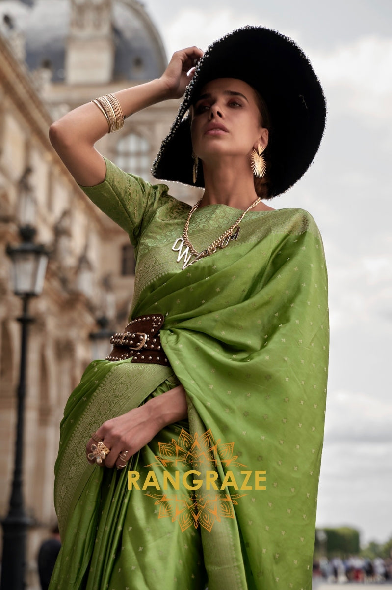 Parrot Green Woven Satin Silk Saree With Brocade Blouse