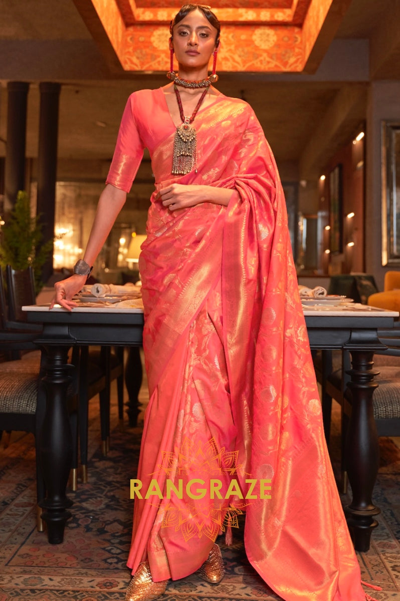 Tangerine Orange Zari Work Handloom Banarasi Silk Saree