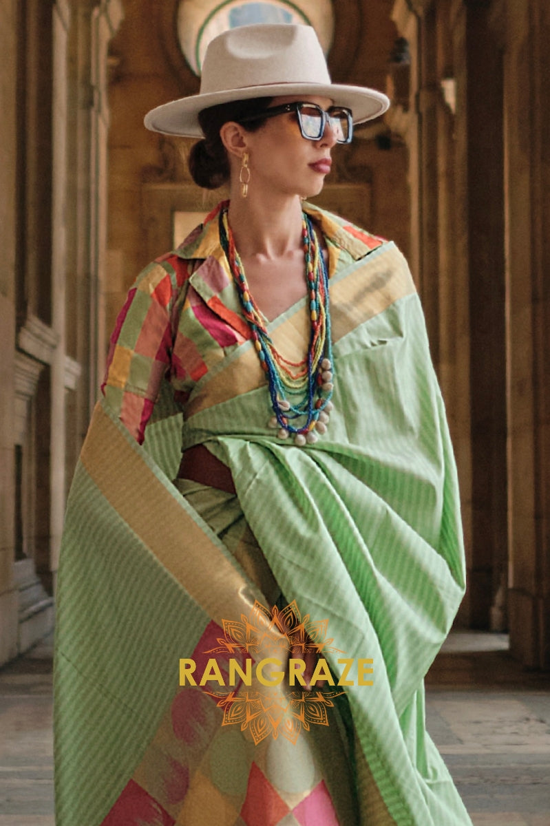 Mint Green Soft Silk Handloom Weaving Banarasi Saree