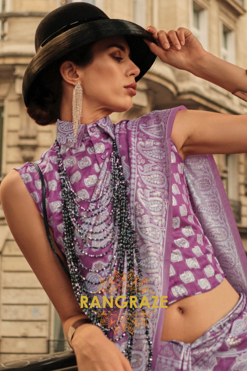 Violet Purple Woven Lucknowi Organza Silk Saree