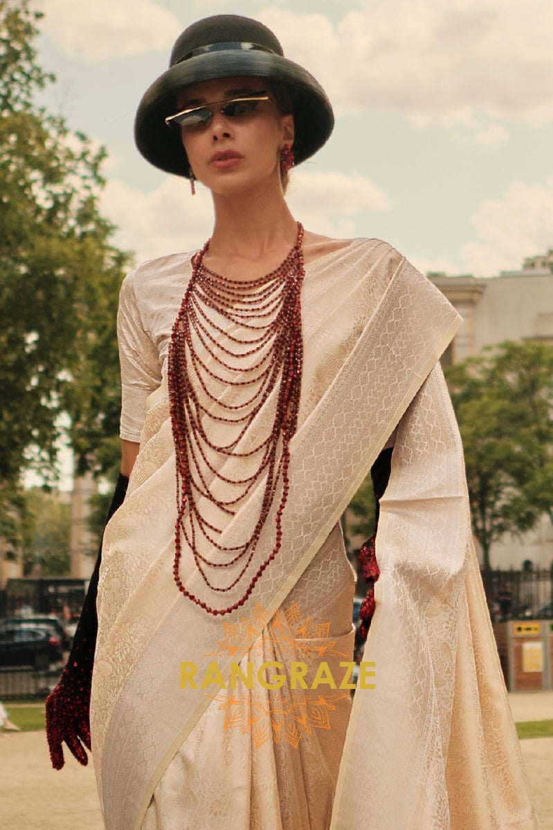 Royal Beige Pure Satin Handloom Weaving Silk Banarasi Saree