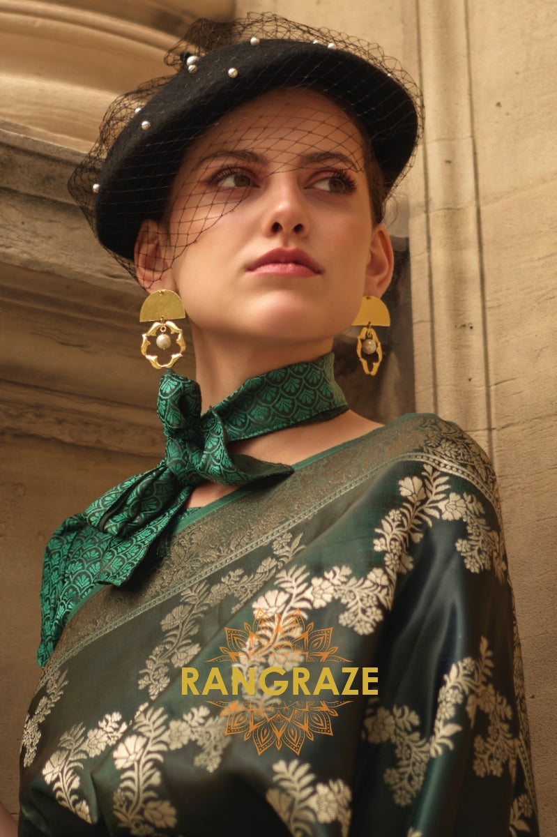 Imperial Green Rangkat Satin Handloom Weaving Silk Banarasi Saree
