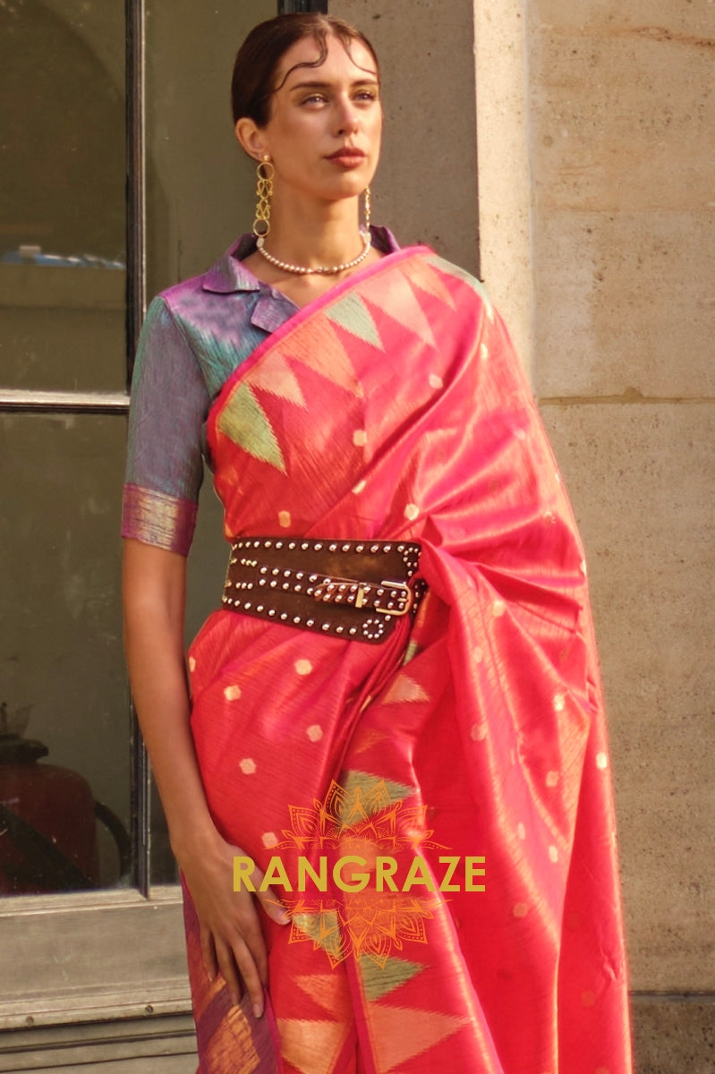 Blush Red Woven Banarasi Khaddi Silk Saree