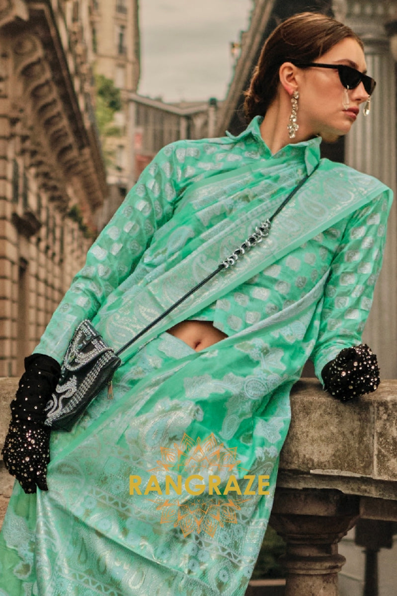 Turquoise Green Woven Lucknowi Organza Silk Saree