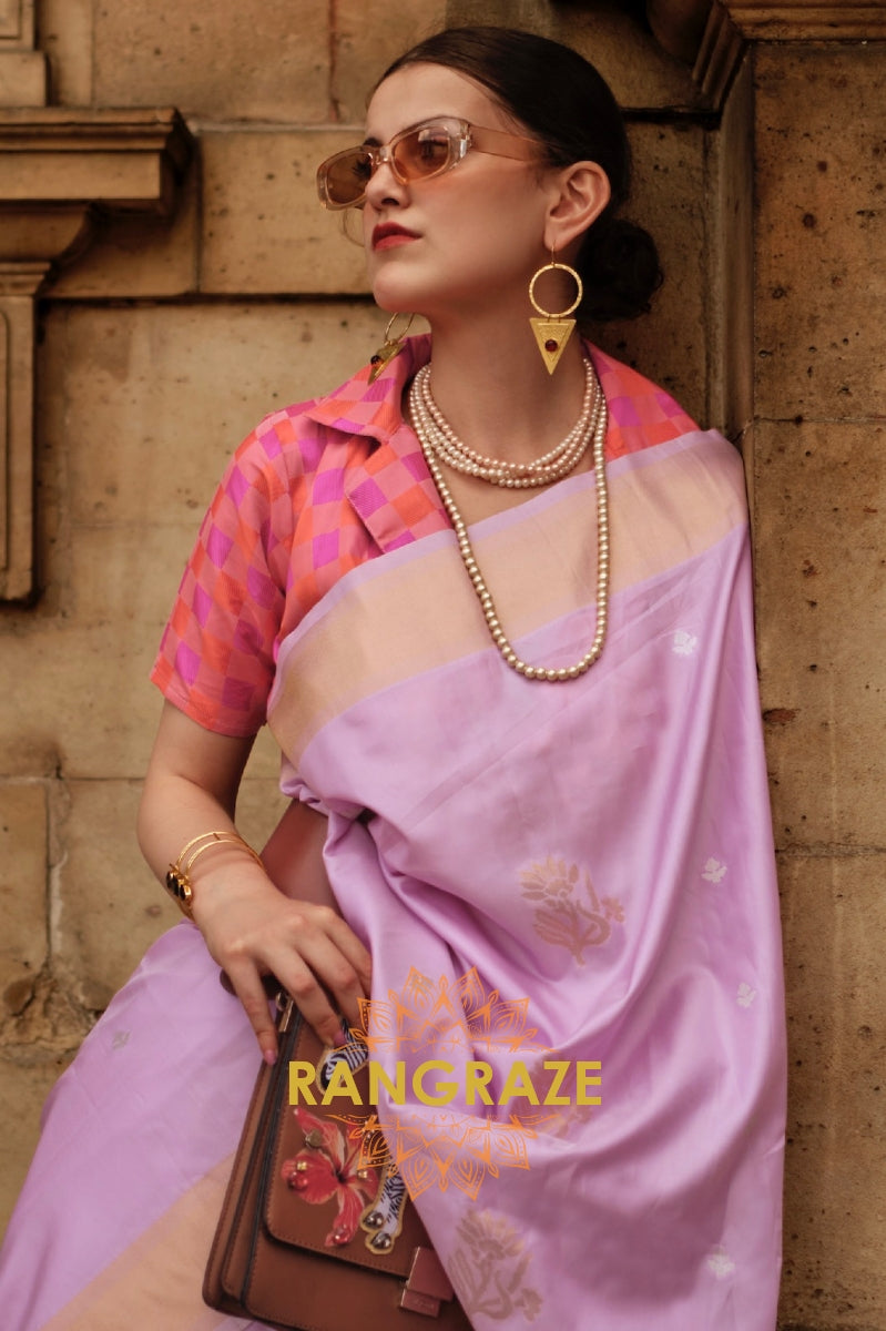 Lavender Lilac Soft Silk Handloom Weaving Banarasi Saree