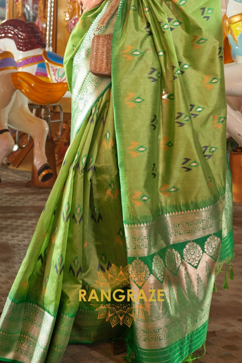 Parrot Green Woven Banarasi Soft Silk Saree