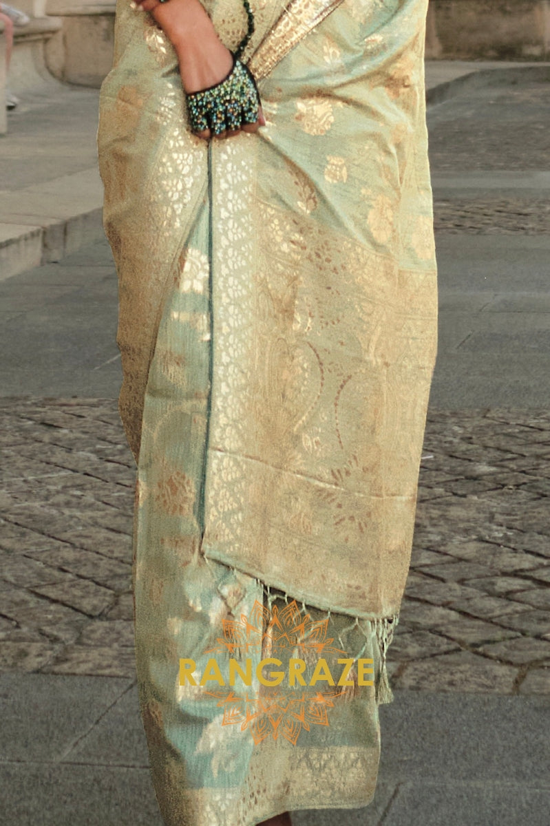 Pastel Green Gota Handloom Weaving Silk Banarasi Saree