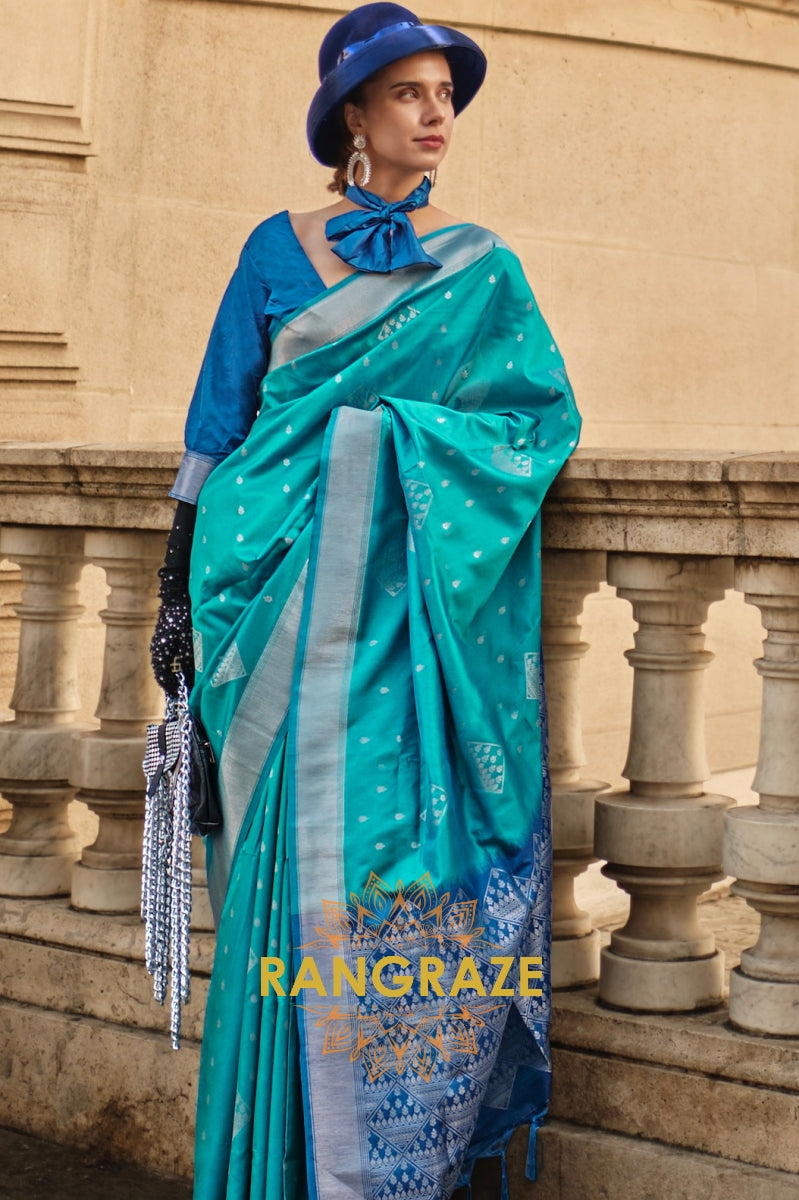 Azure Blue Woven Banarasi Soft Silk Saree