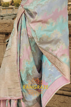 Imperial Pink Blue Rangkat Satin Handloom Weaving Silk Banarasi Saree