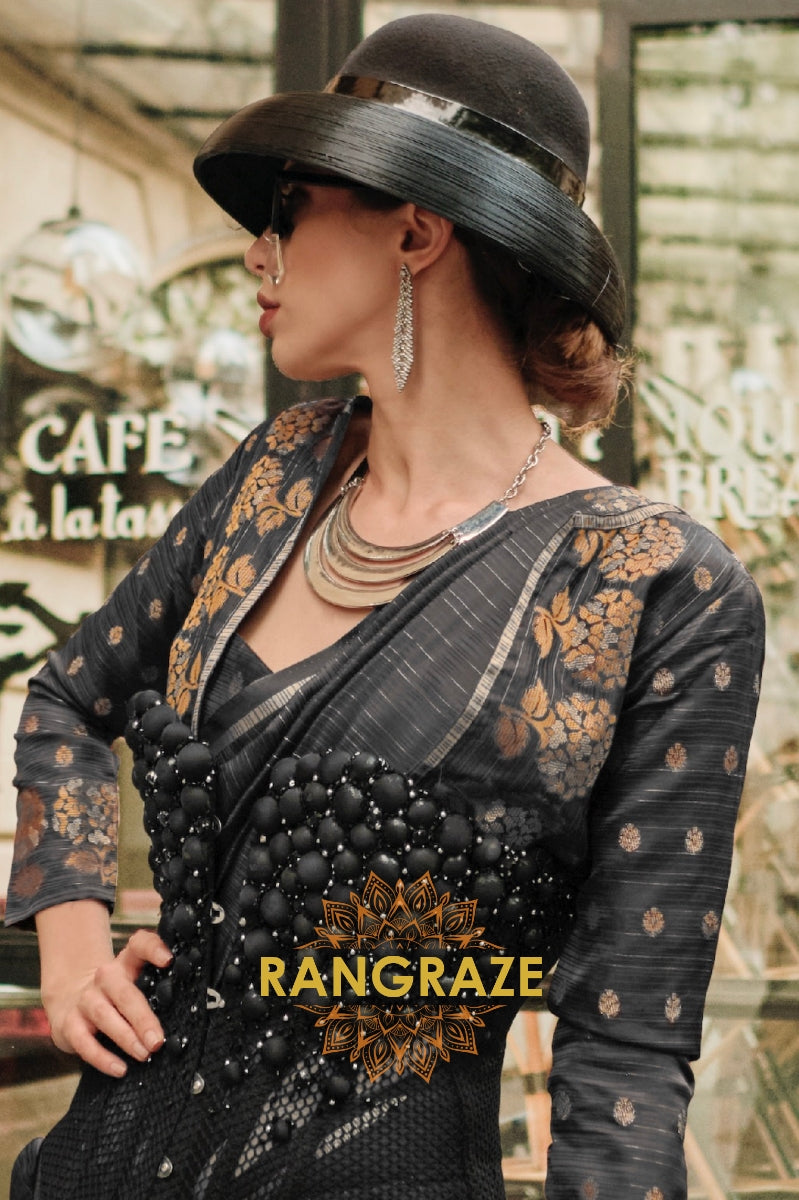 Jet Black Pure Satin Zari Lining Handloom Weaving Banarasi Saree