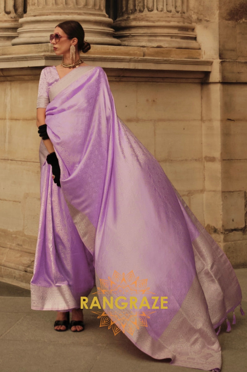 Royal Purple Pure Satin Handloom Weaving Silk Banarasi Saree