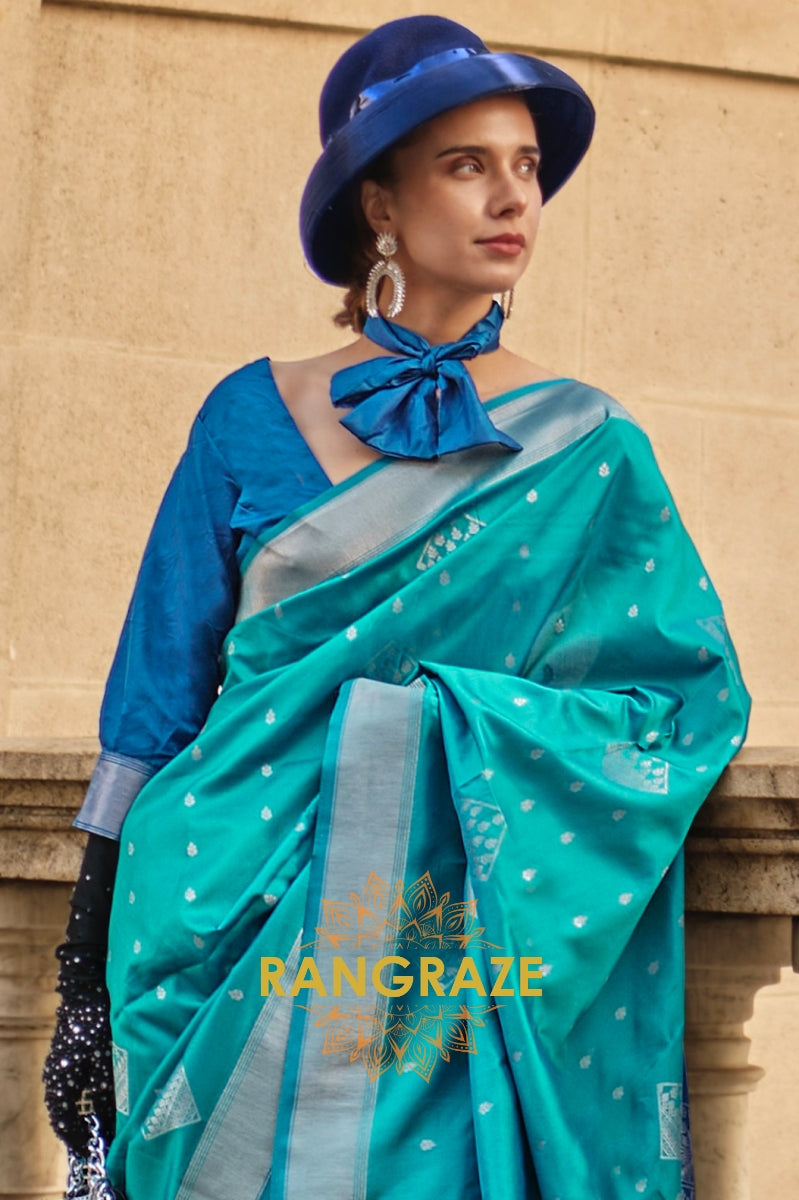 Azure Blue Woven Banarasi Soft Silk Saree