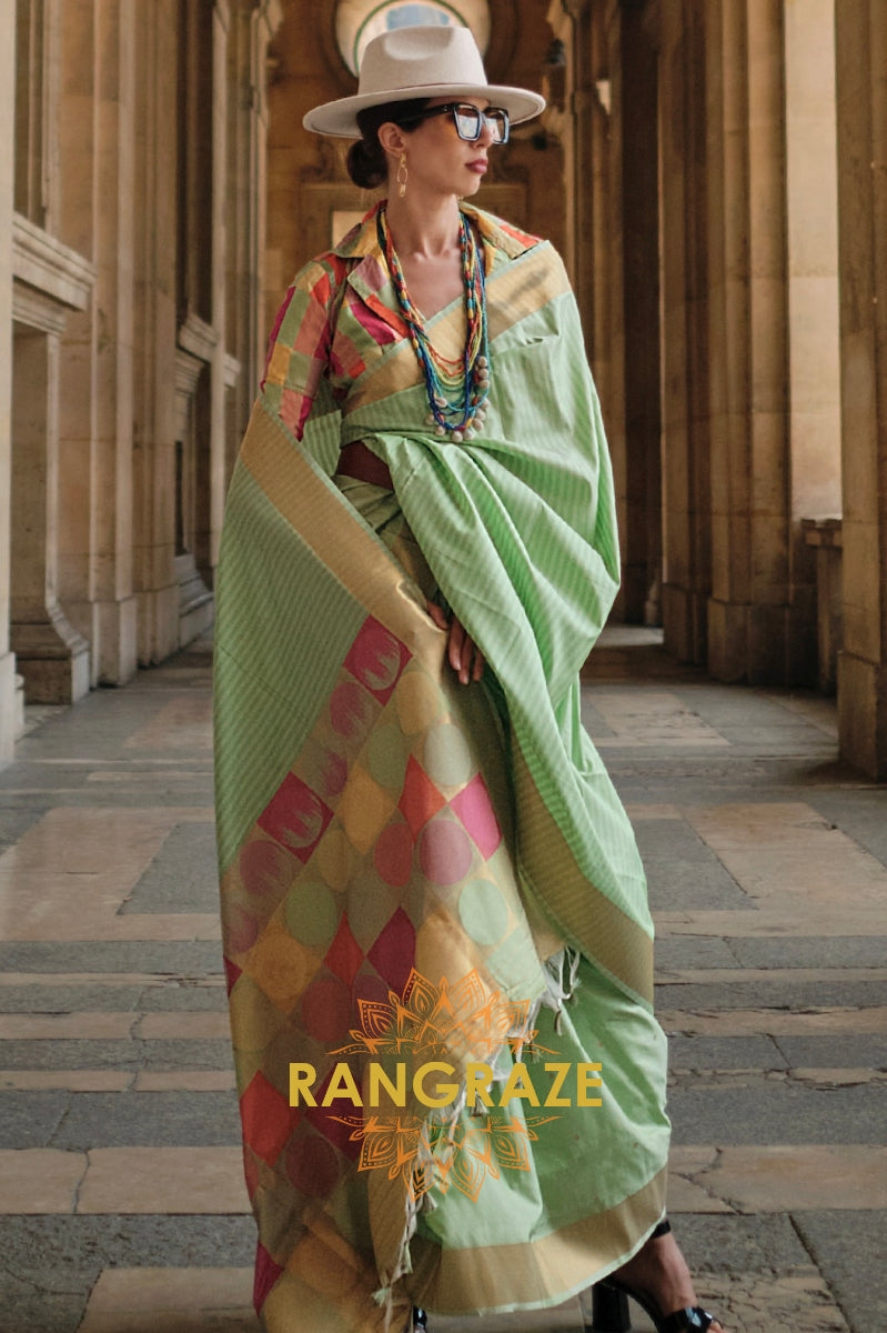 Mint Green Soft Silk Handloom Weaving Banarasi Saree