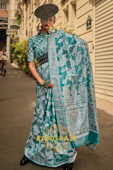 Turquoise Blue Woven Lucknowi Organza Silk Saree