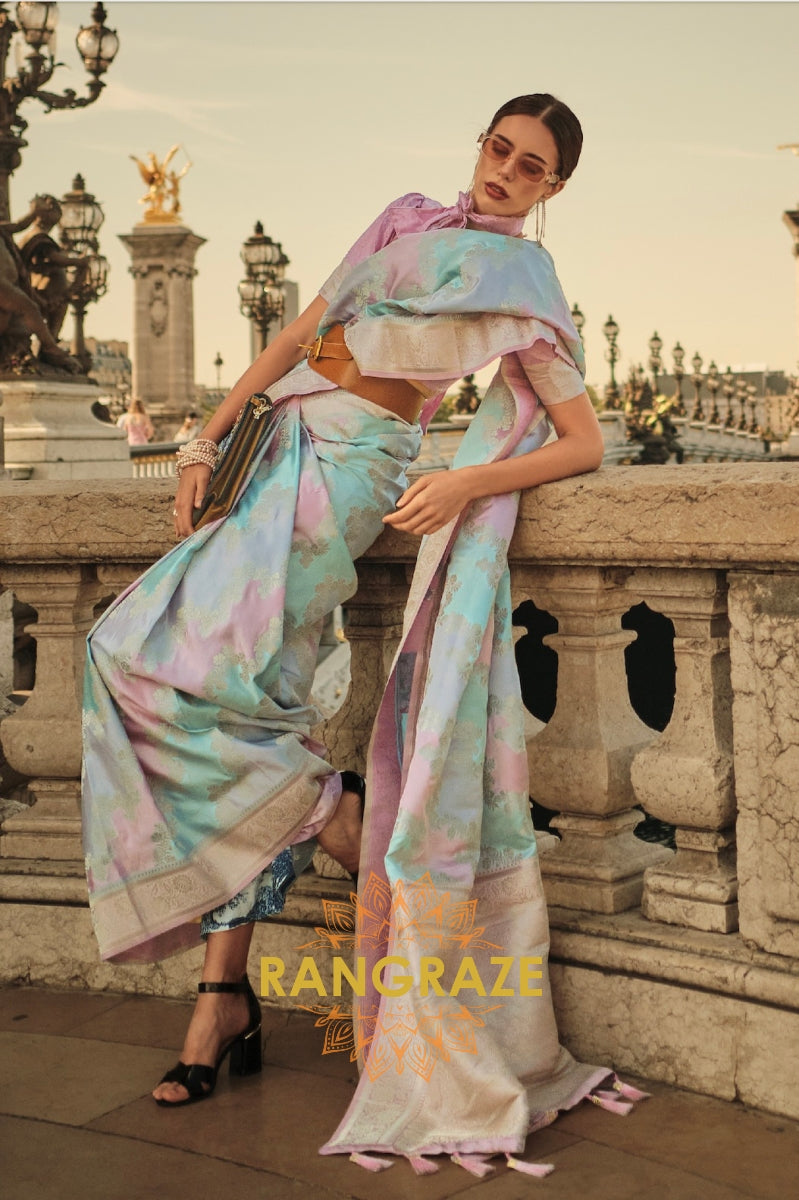 Imperial Pink Blue Rangkat Satin Handloom Weaving Silk Banarasi Saree