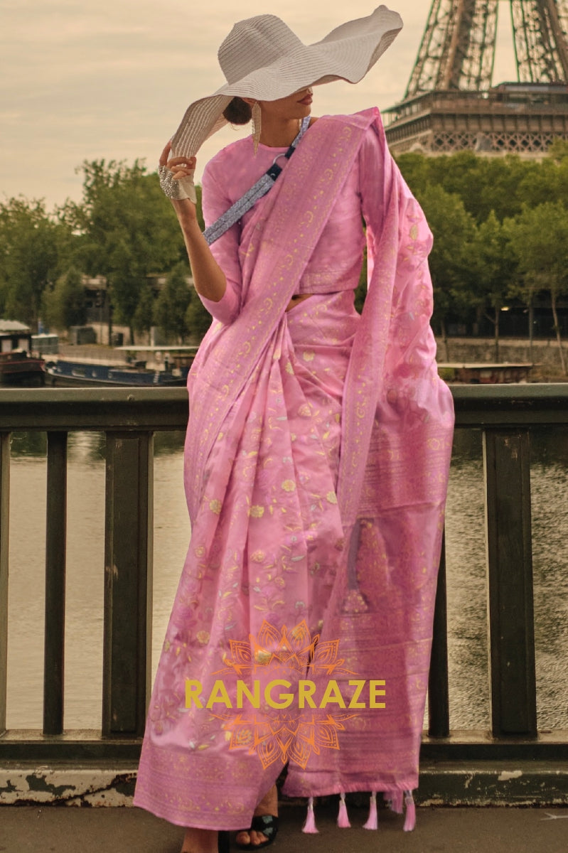 Rajwada Royal Pink Kashmiri Organza Handloom Weaving