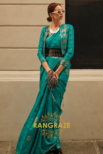 Turquoise Blue Pure Satin Zari Lining Handloom Weaving Banarasi Saree