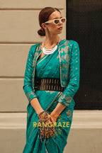 Turquoise Blue Pure Satin Zari Lining Handloom Weaving Banarasi Saree