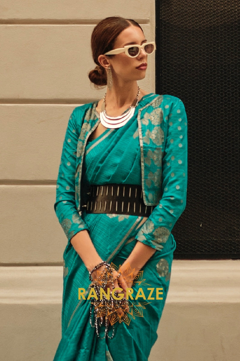 Turquoise Blue Pure Satin Zari Lining Handloom Weaving Banarasi Saree