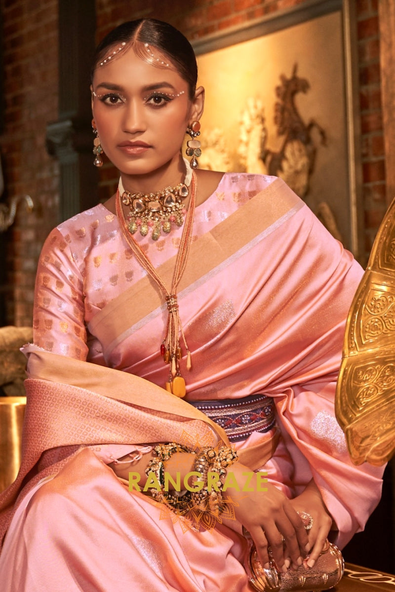 Antique Baby Pink Woven Banarasi Saree With Brocade Blouse