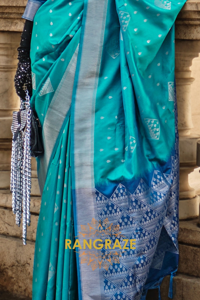 Azure Blue Woven Banarasi Soft Silk Saree