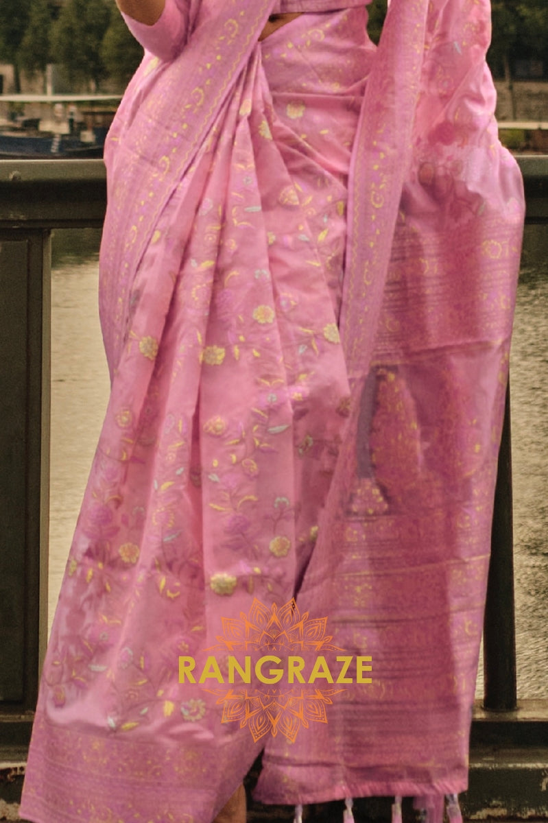 Rajwada Royal Pink Kashmiri Organza Handloom Weaving