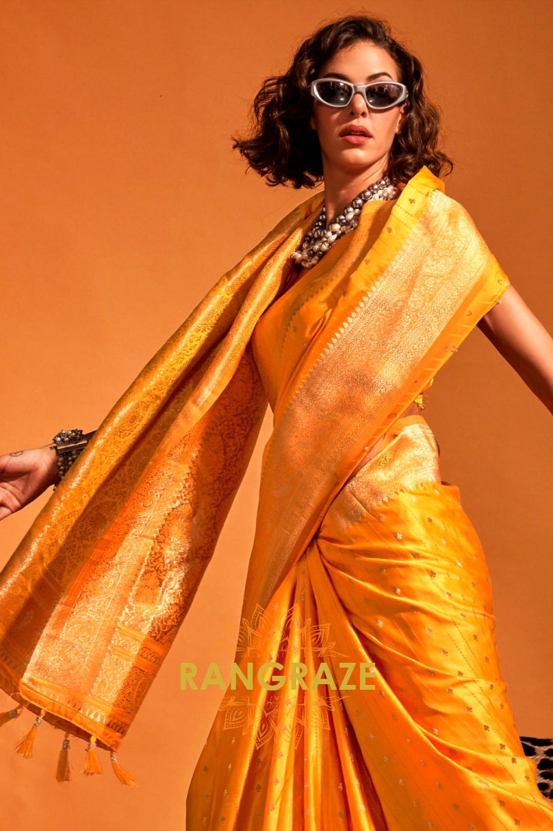 Sparkling Yellow Dual Tone Banarasi Satin Silk Saree