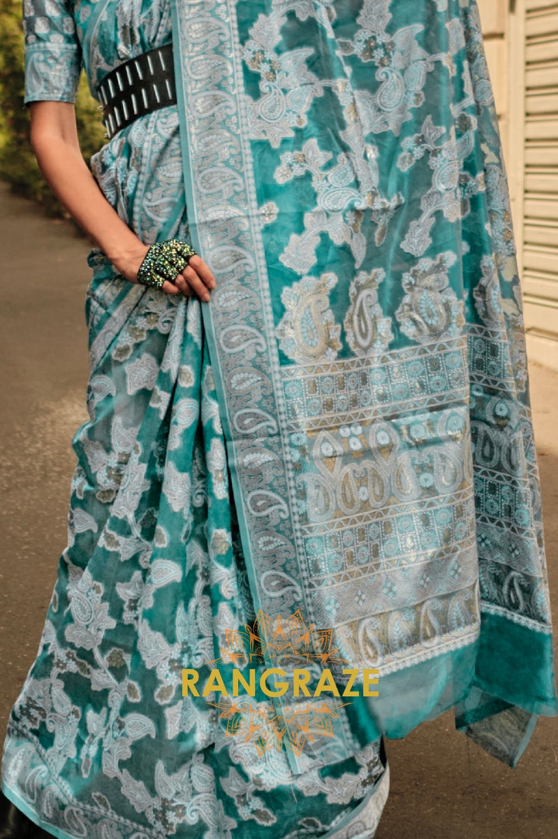 Turquoise Blue Woven Lucknowi Organza Silk Saree