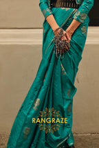 Turquoise Blue Pure Satin Zari Lining Handloom Weaving Banarasi Saree