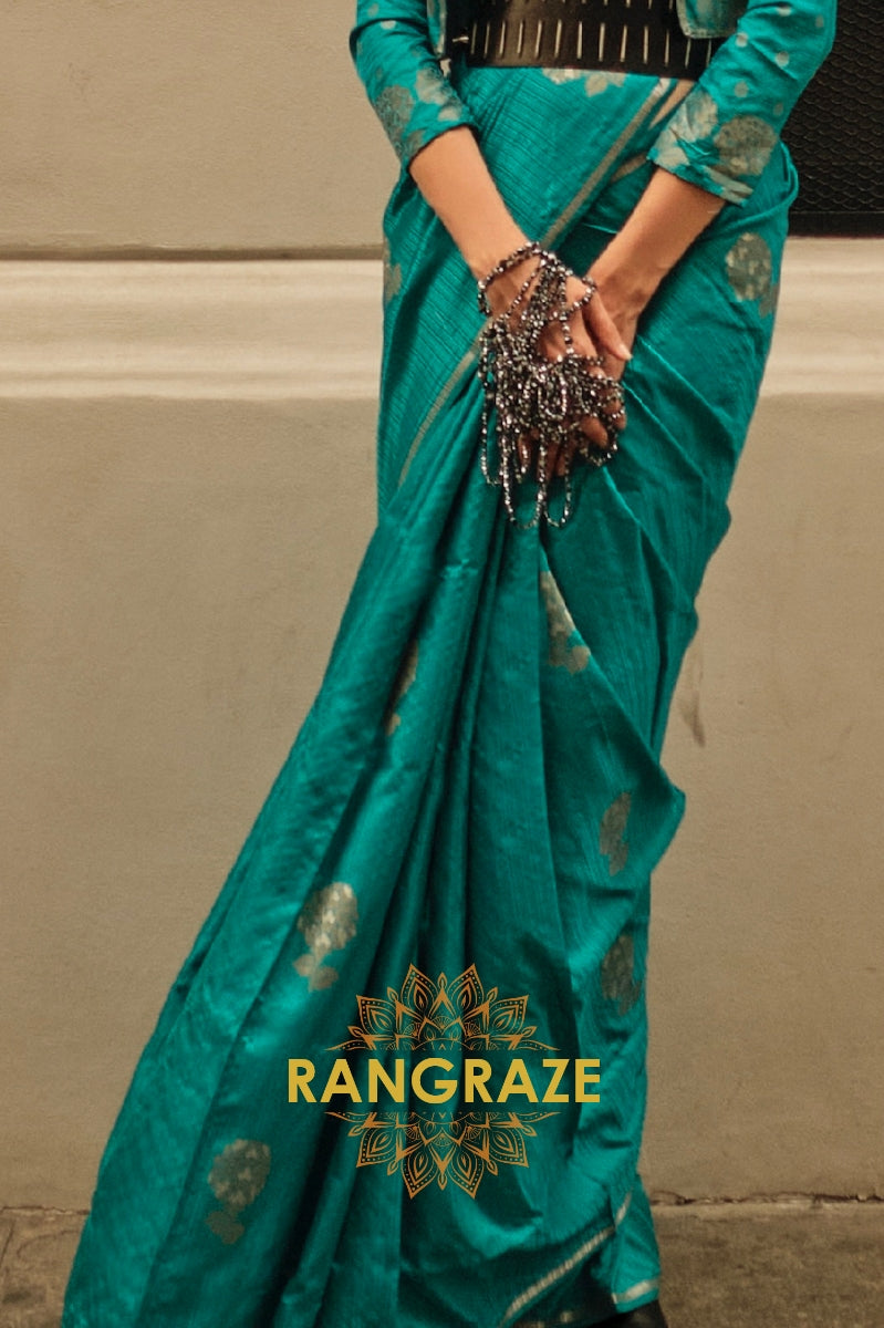 Turquoise Blue Pure Satin Zari Lining Handloom Weaving Banarasi Saree