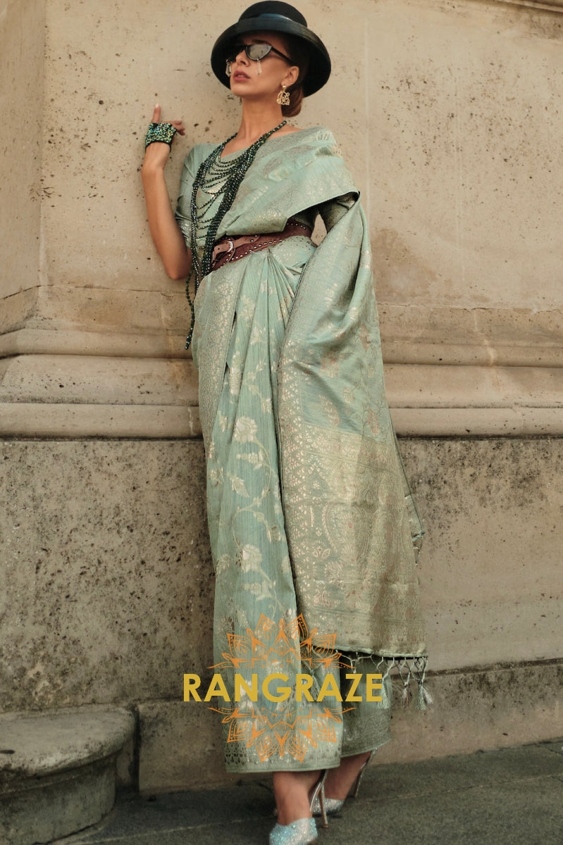 Seafoam Green Gota Handloom Weaving Silk Banarasi Saree