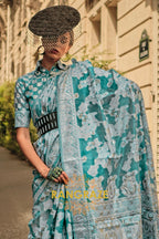 Turquoise Blue Woven Lucknowi Organza Silk Saree