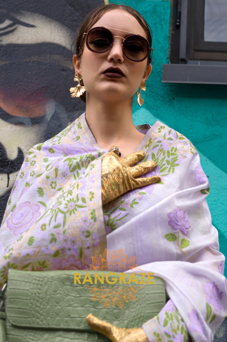 Lilac Lavender Parsi Weaved Cotton Silk Saree