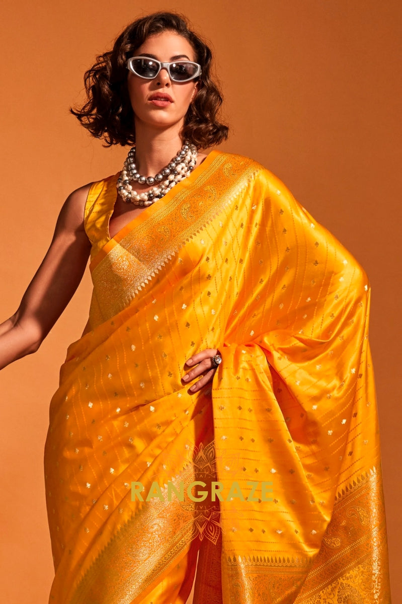 Sparkling Yellow Dual Tone Banarasi Satin Silk Saree