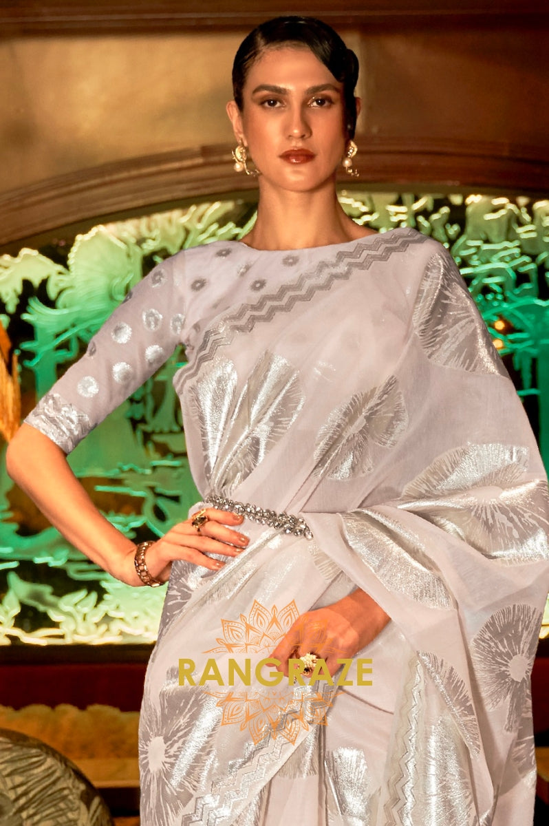 Beige White Cotton Handloom Weaving Banarasi Silk Saree