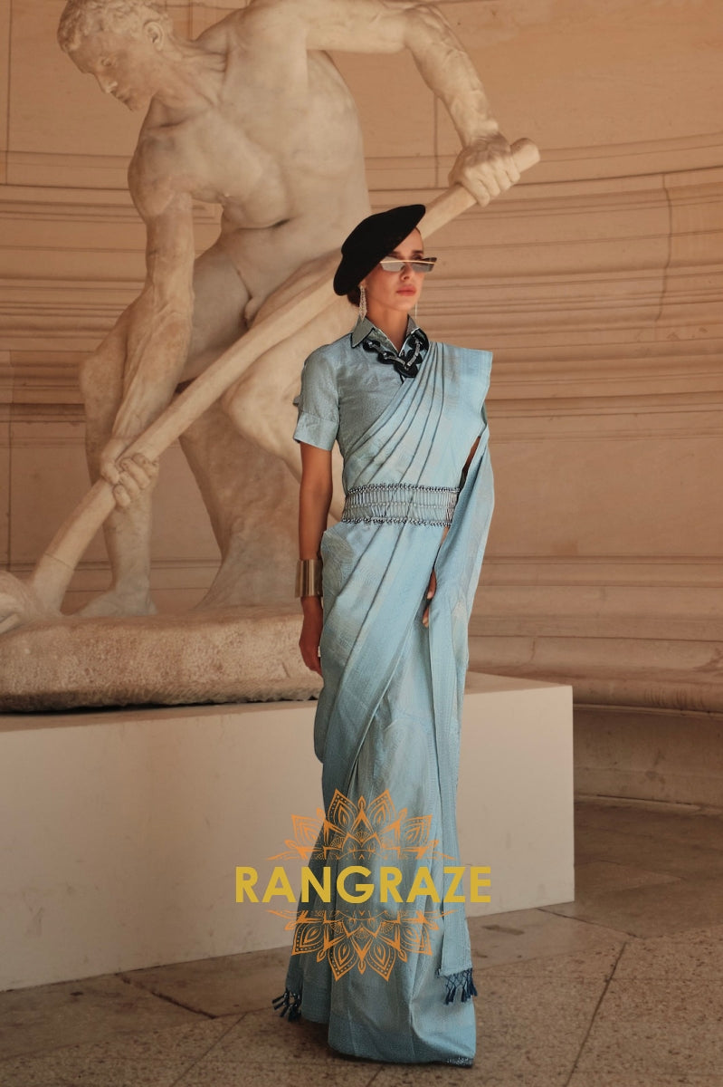 Sky Blue Pure Satin Handloom Weaving Banarasi Silk Saree