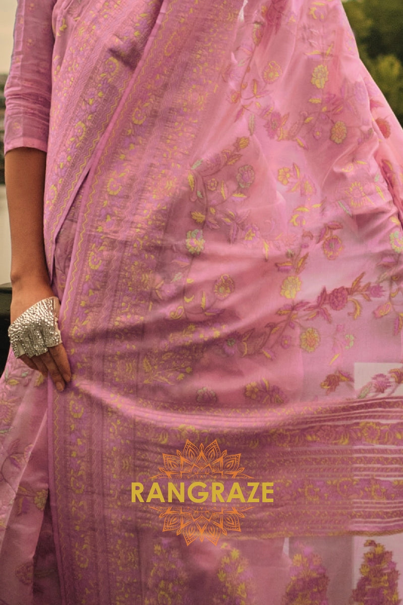 Rajwada Royal Pink Kashmiri Organza Handloom Weaving