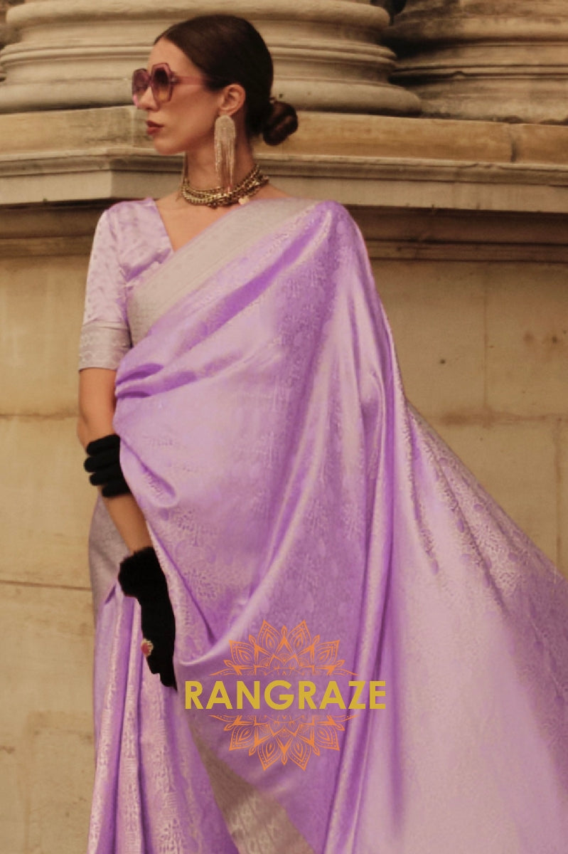 Royal Purple Pure Satin Handloom Weaving Silk Banarasi Saree