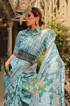 Turquoise Blue Woven Lucknowi Organza Silk Saree