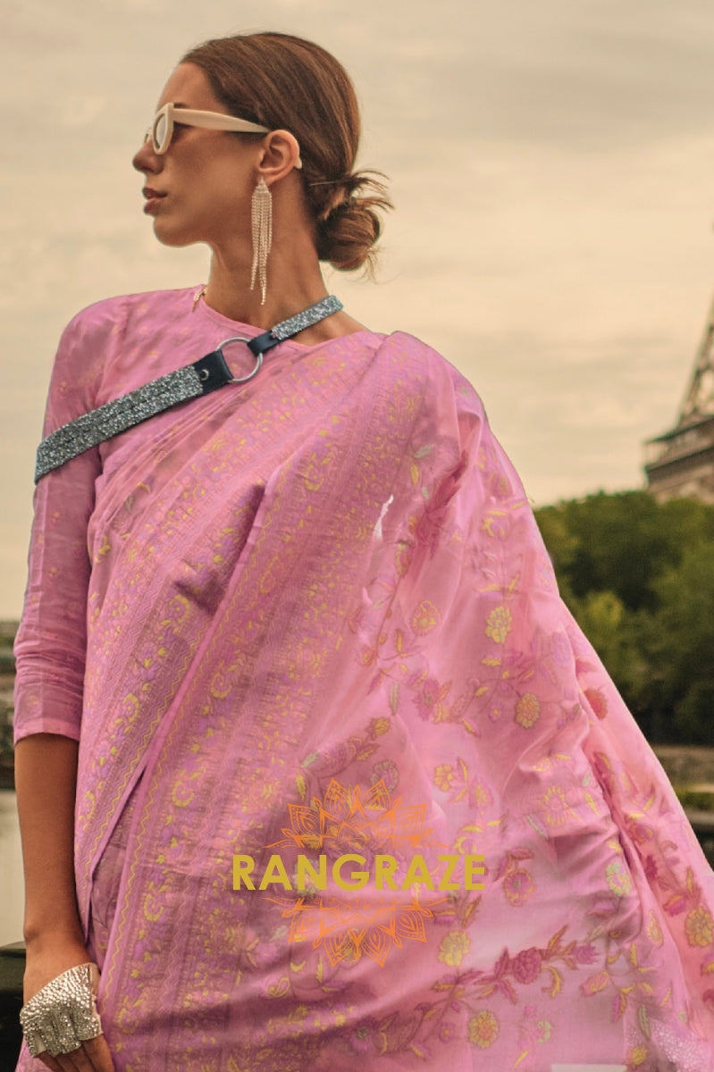 Rajwada Royal Pink Kashmiri Organza Handloom Weaving