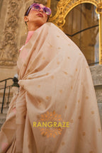 Royal Golden Beige Woven Banarasi Khaddi Silk Saree
