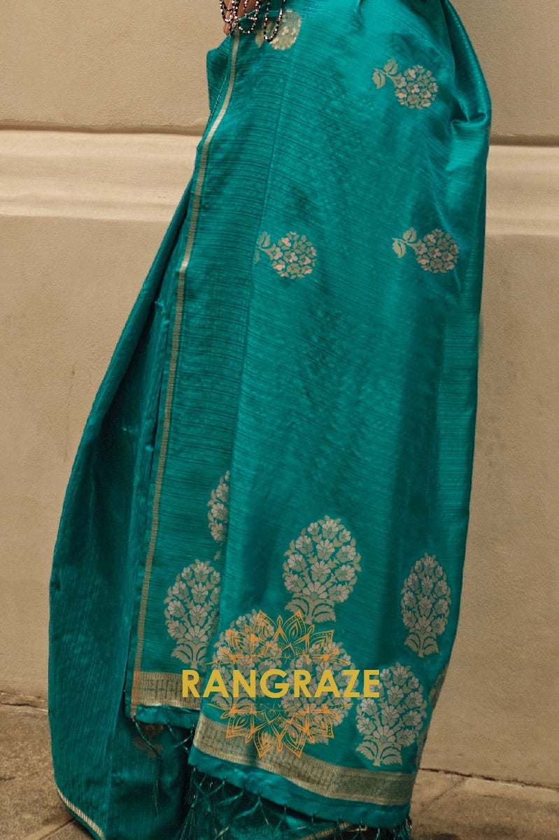 Turquoise Blue Pure Satin Zari Lining Handloom Weaving Banarasi Saree