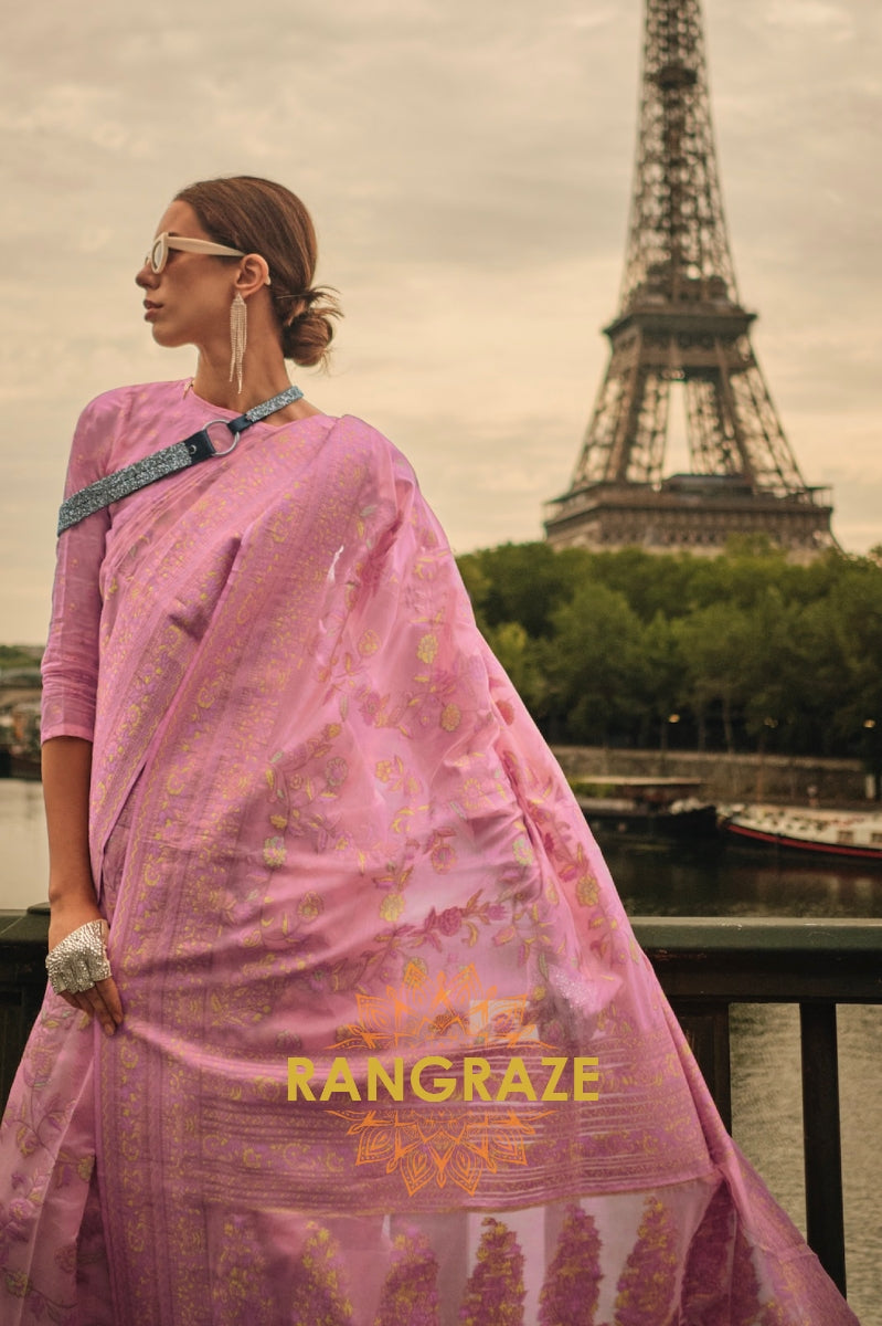 Rajwada Royal Pink Kashmiri Organza Handloom Weaving