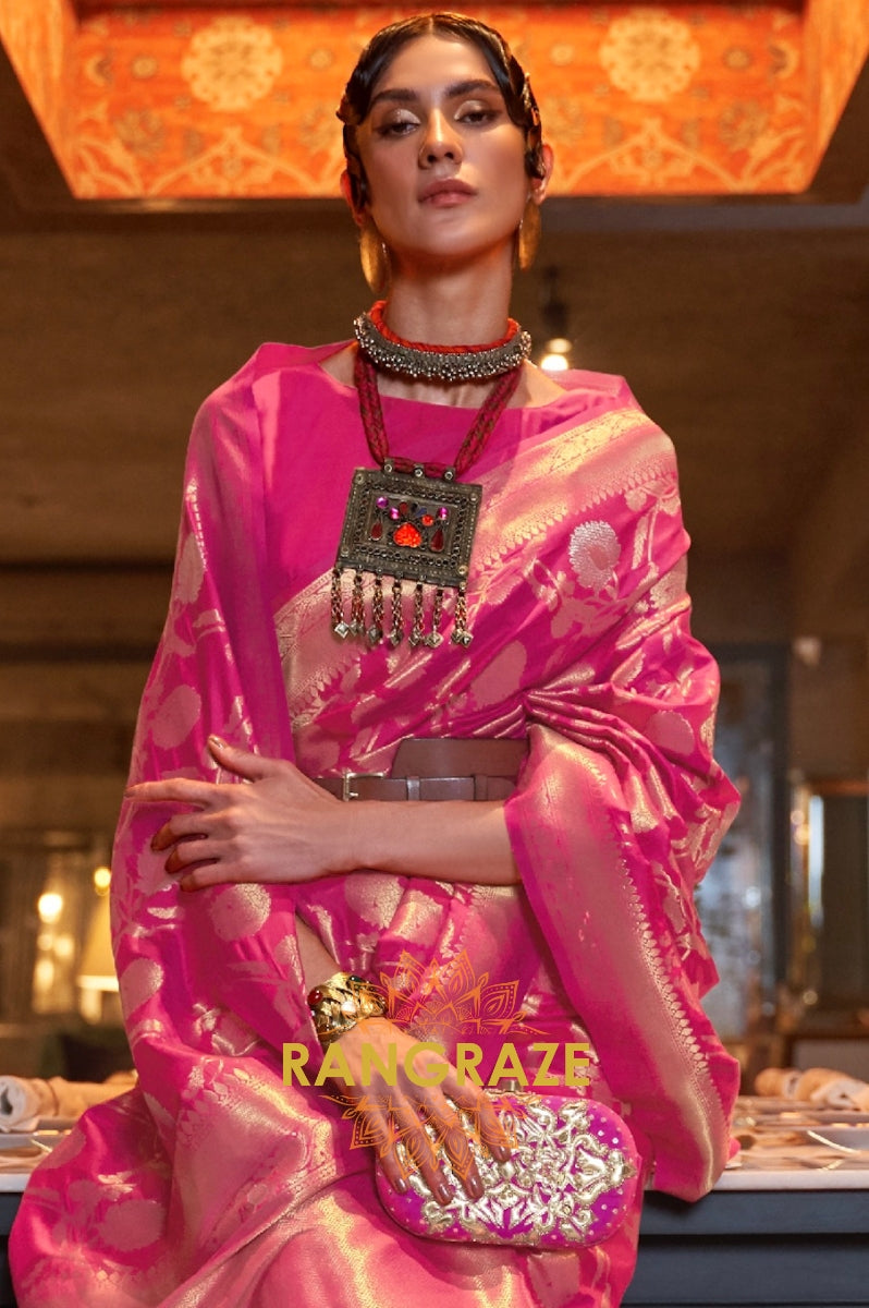 Salmon Pink Zari Work Handloom Banarasi Silk Saree