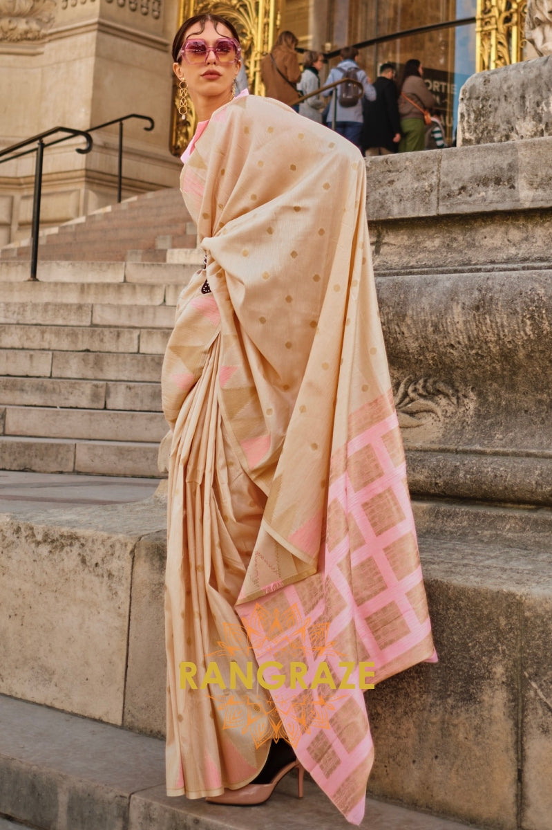 Royal Golden Beige Woven Banarasi Khaddi Silk Saree