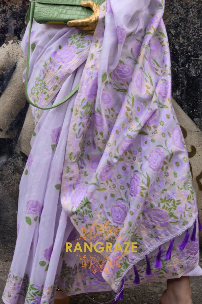 Lilac Lavender Parsi Weaved Cotton Silk Saree