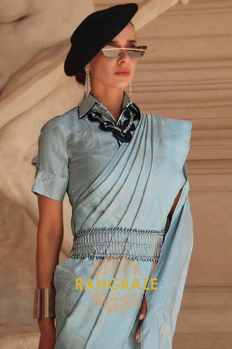Sky Blue Pure Satin Handloom Weaving Banarasi Silk Saree