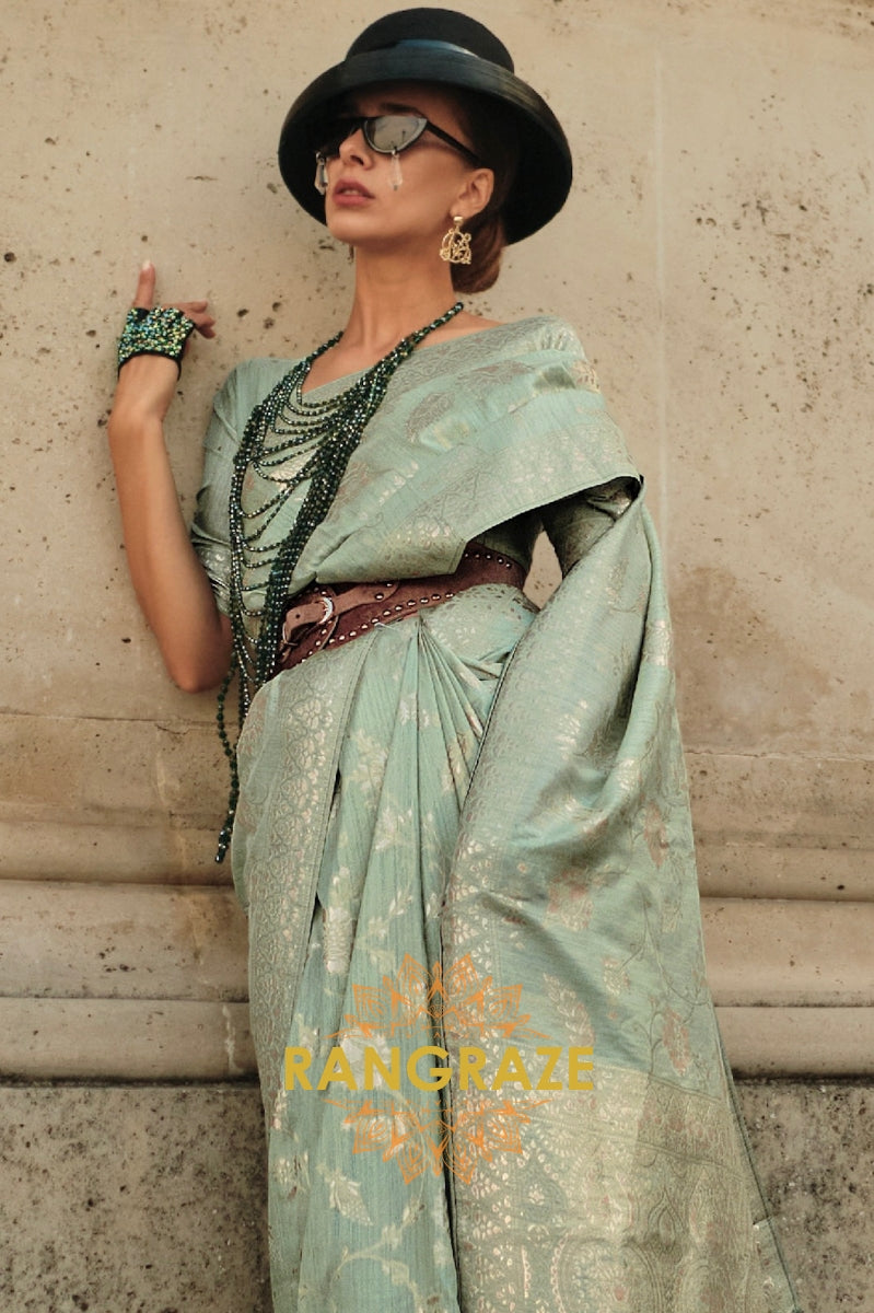 Seafoam Green Gota Handloom Weaving Silk Banarasi Saree
